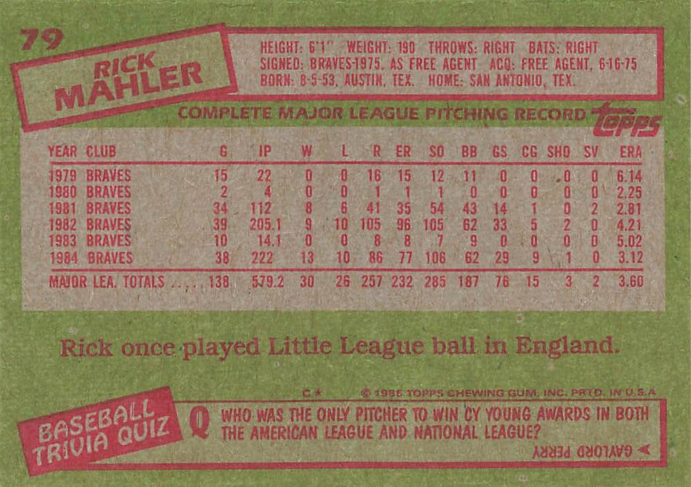 Rick Mahler  baseball card collectible - Main Image 2