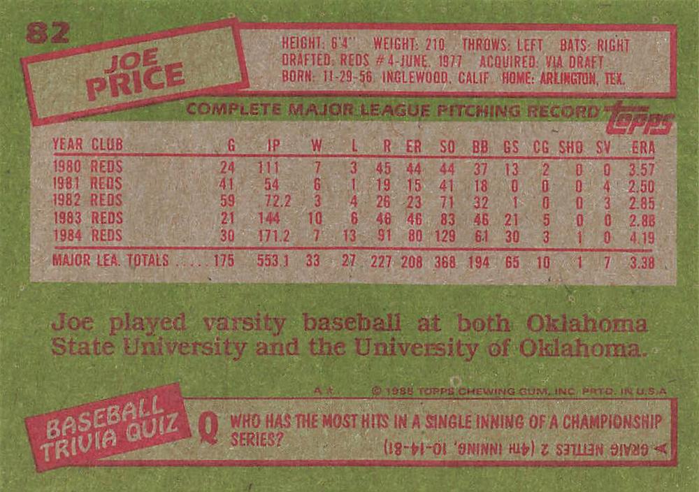 Joe Price  baseball card collectible - Main Image 2