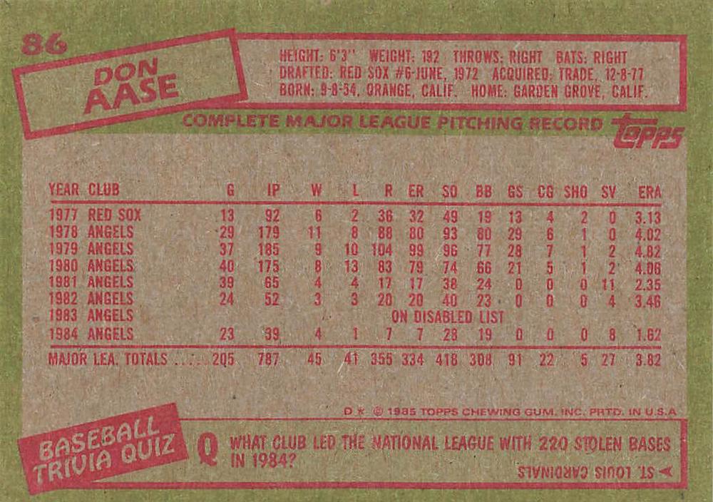 Don Aase  baseball card collectible - Main Image 2