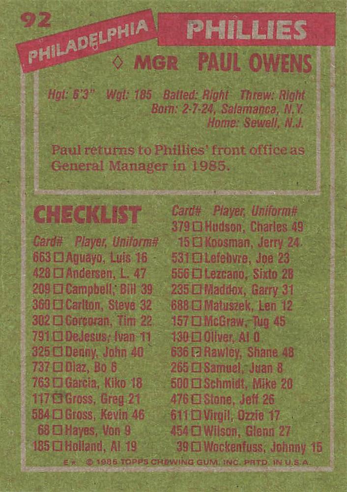 Paul Owens  baseball card collectible - Main Image 2