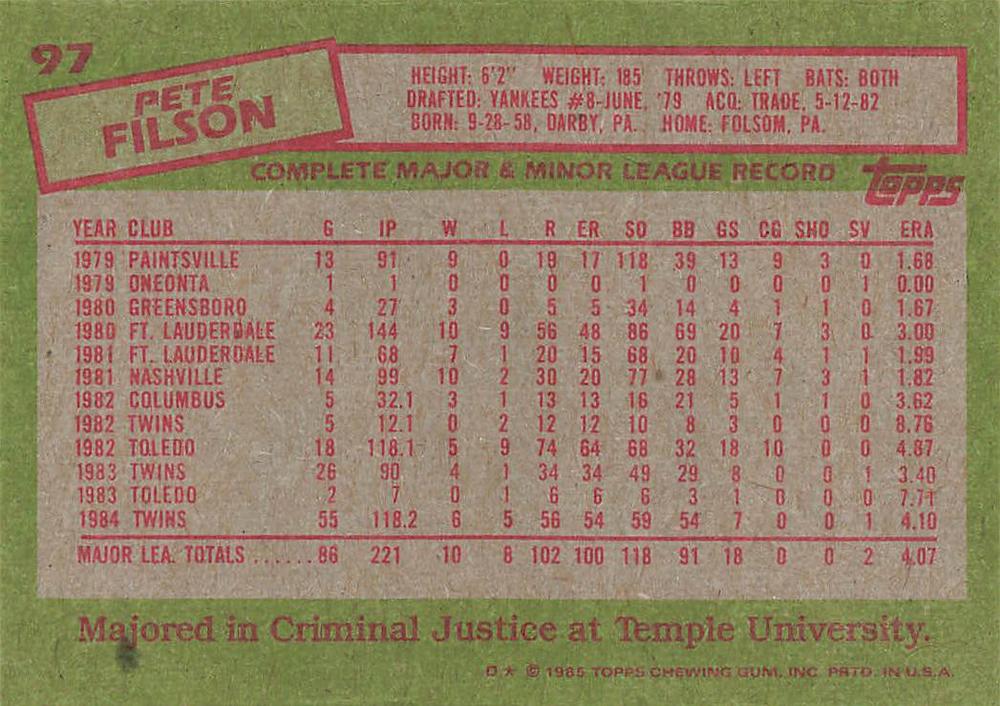 Pete Filson  baseball card collectible - Main Image 2