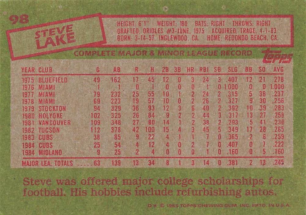 Steve Lake  baseball card collectible - Main Image 2