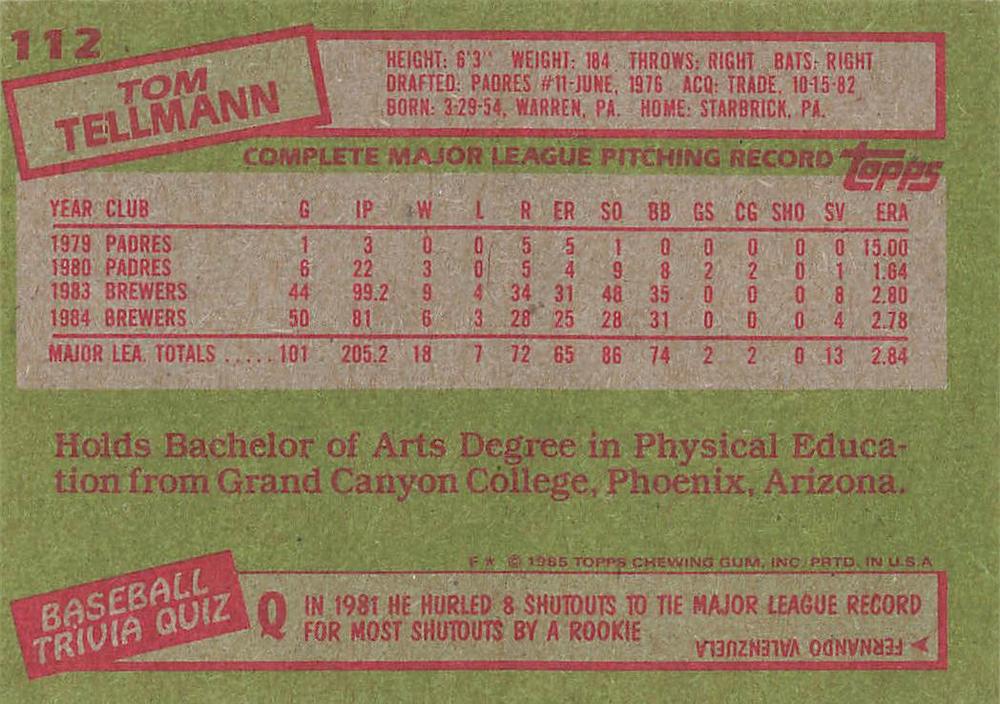 Tom Tellmann  baseball card collectible - Main Image 2