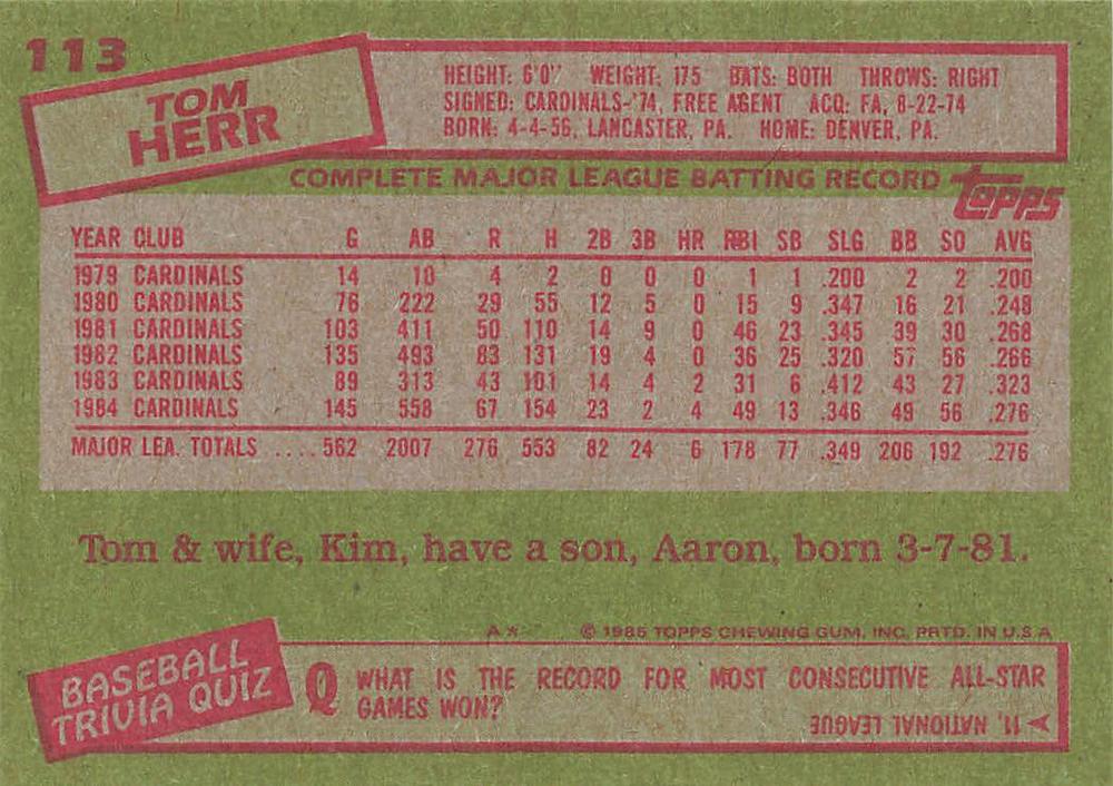 Tom Herr  baseball card collectible - Main Image 2