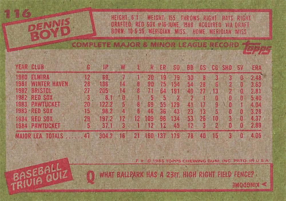 Dennis Boyd  baseball card collectible - Main Image 2