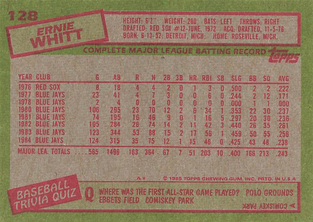 Ernie Whitt  baseball card collectible - Main Image 2