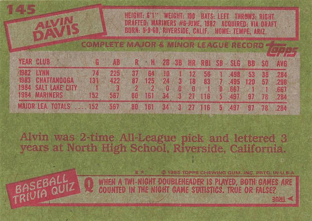 Alvin Davis  baseball card collectible - Main Image 2