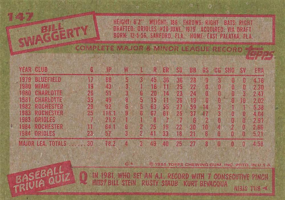 Bill Swaggerty  baseball card collectible - Main Image 2