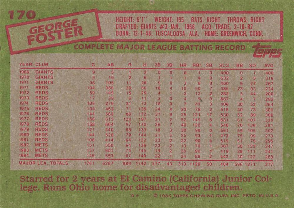 George Foster  baseball card collectible - Main Image 2