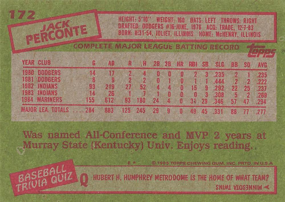 Jack Perconte  baseball card collectible - Main Image 2