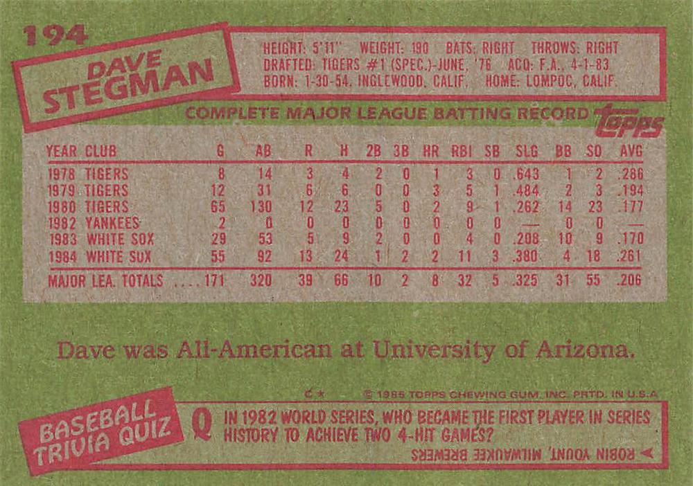 Dave Stegman  baseball card collectible - Main Image 2