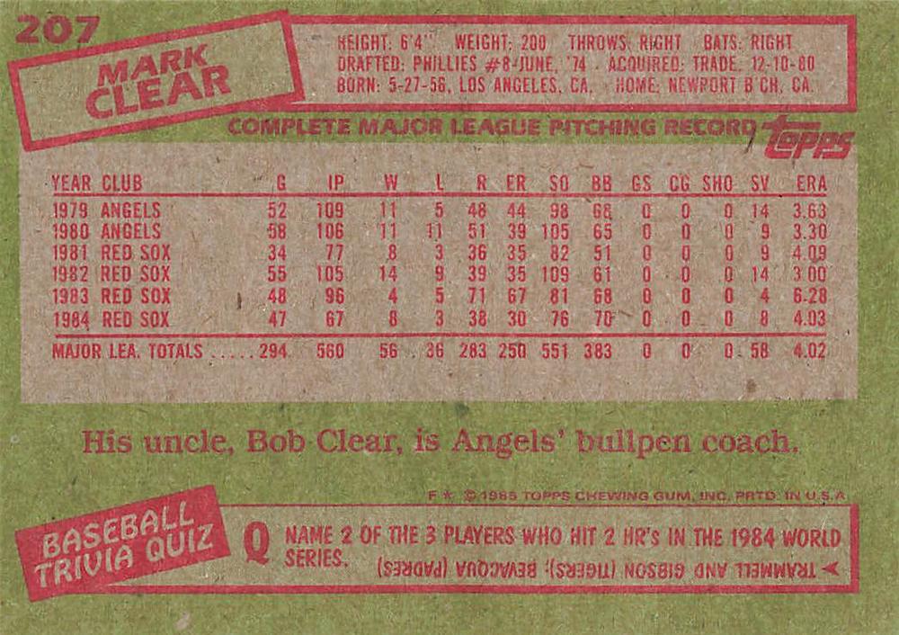 Mark Clear  baseball card collectible - Main Image 2