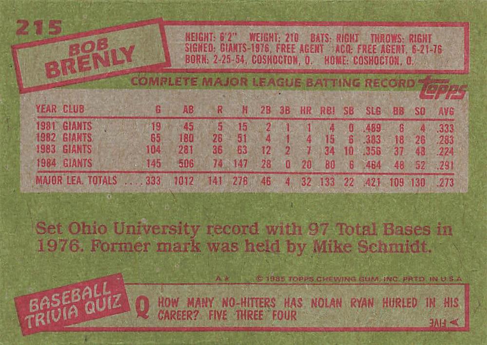 Bob Brenly  baseball card collectible - Main Image 2