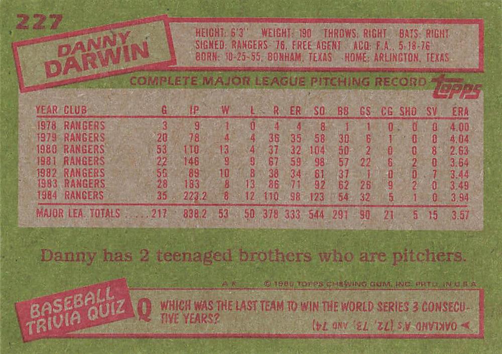 Danny Darwin  baseball card collectible - Main Image 2