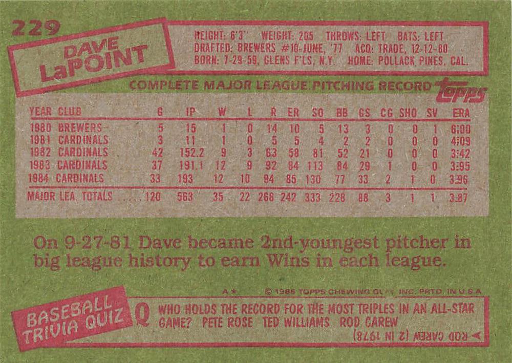 Dave LaPoint  baseball card collectible - Main Image 2