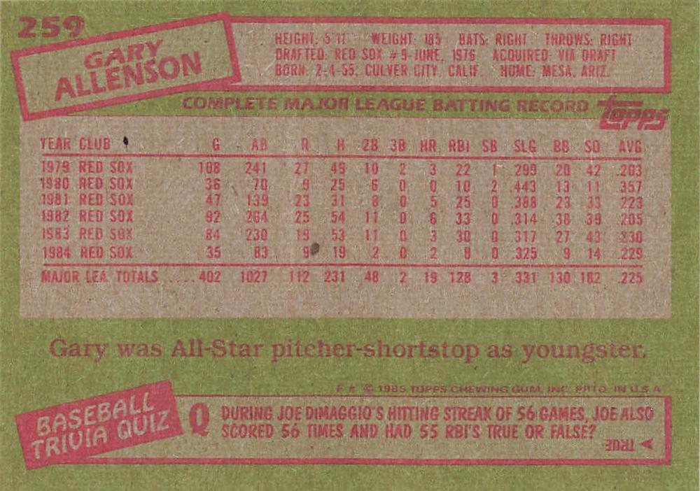 Gary Allenson  baseball card collectible - Main Image 2