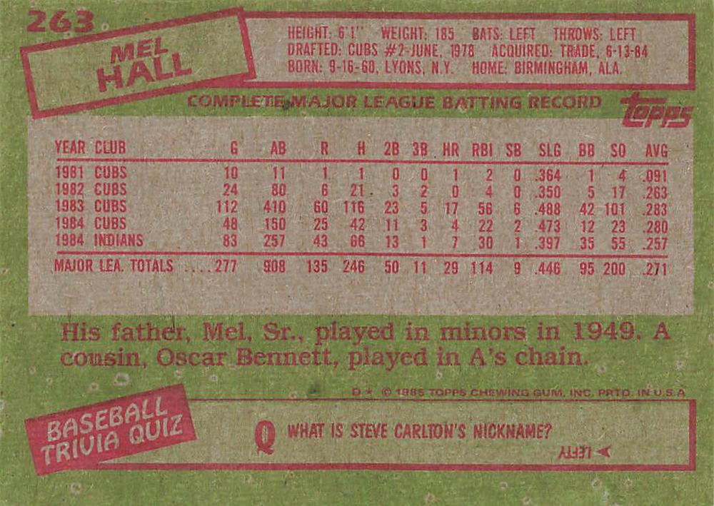Mel Hall  baseball card collectible - Main Image 2