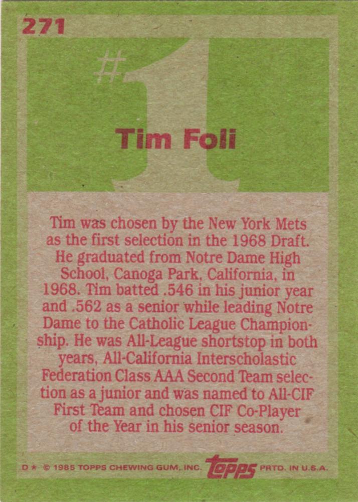 Tim Foli  baseball card collectible - Main Image 2