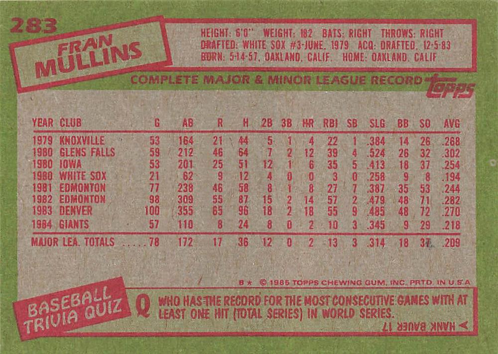 Fran Mullins  baseball card collectible - Main Image 2