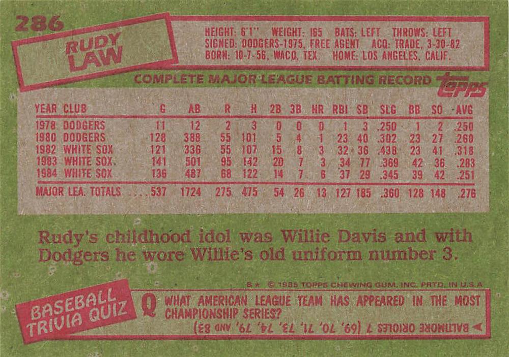 Rudy Law  baseball card collectible - Main Image 2