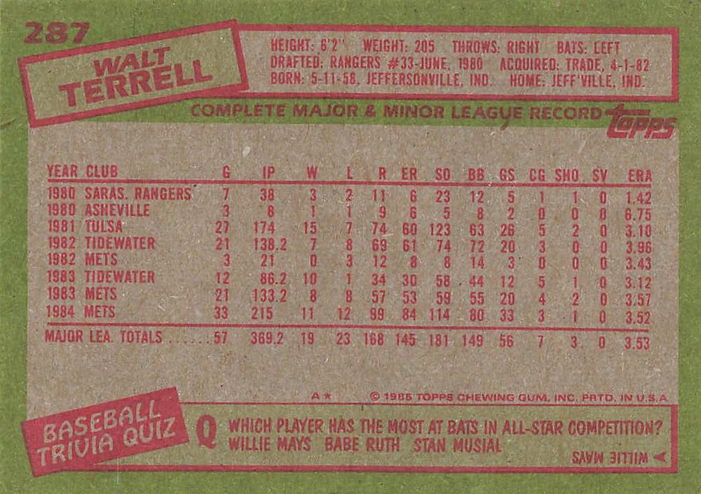 Walt Terrell  baseball card collectible - Main Image 2