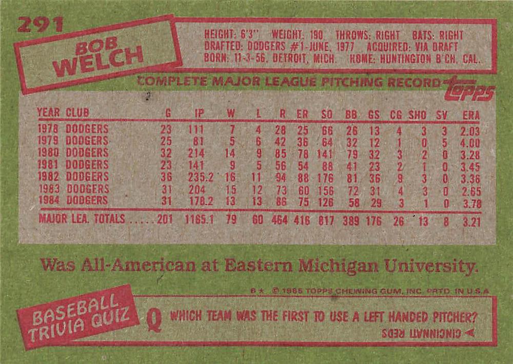 Bob Welch  baseball card collectible - Main Image 2