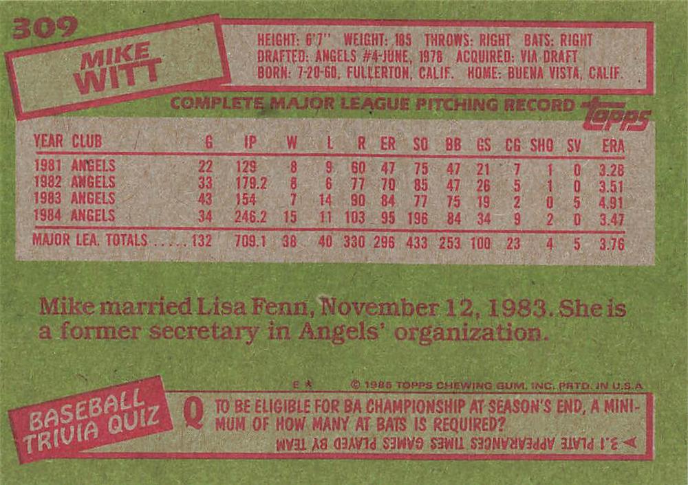 Mike Witt  baseball card collectible - Main Image 2