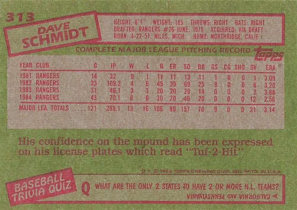 Dave Schmidt  baseball card collectible - Main Image 2