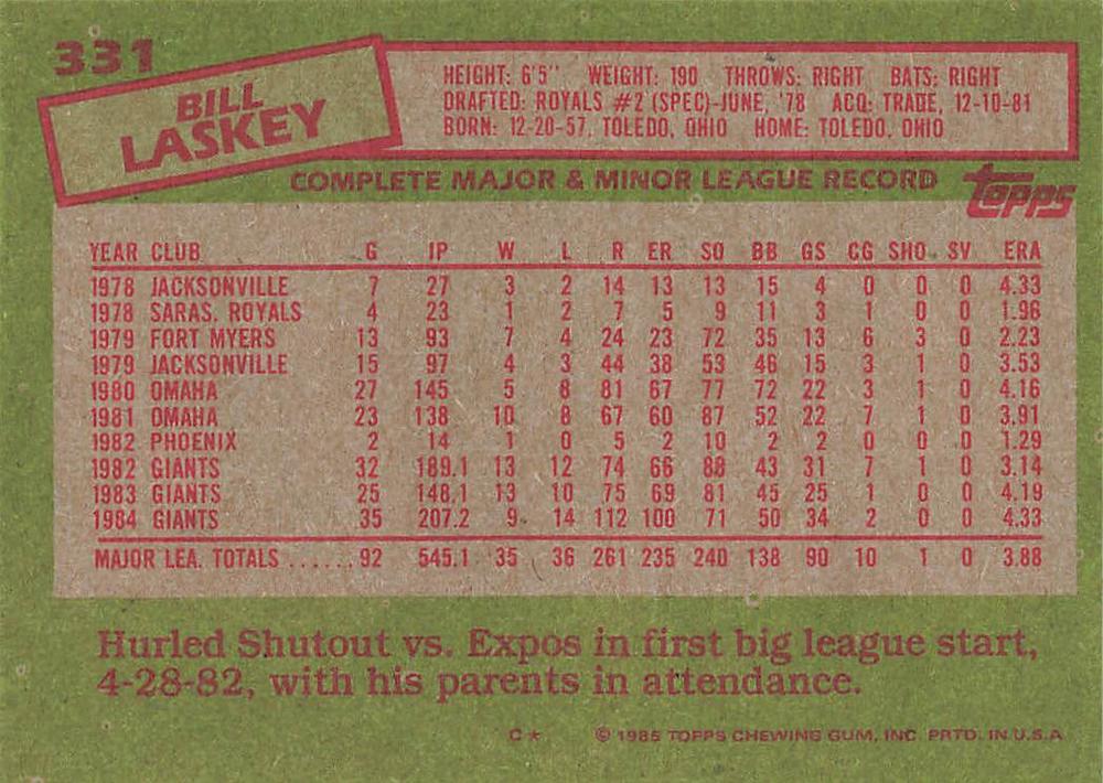 Bill Laskey  baseball card collectible - Main Image 2