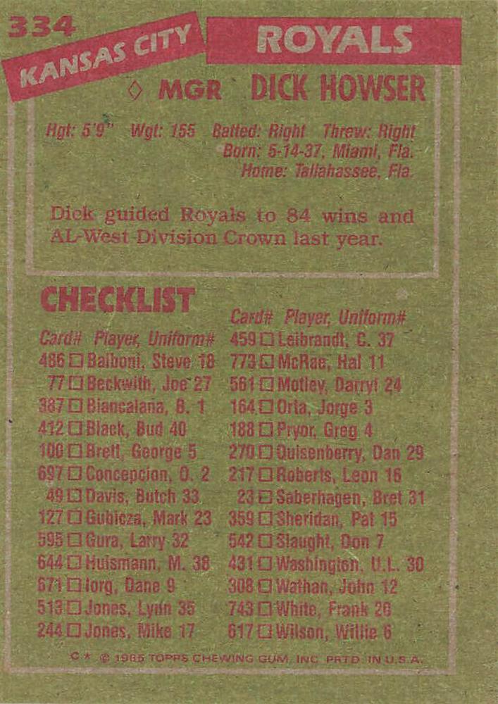 Dick Howser  baseball card collectible - Main Image 2