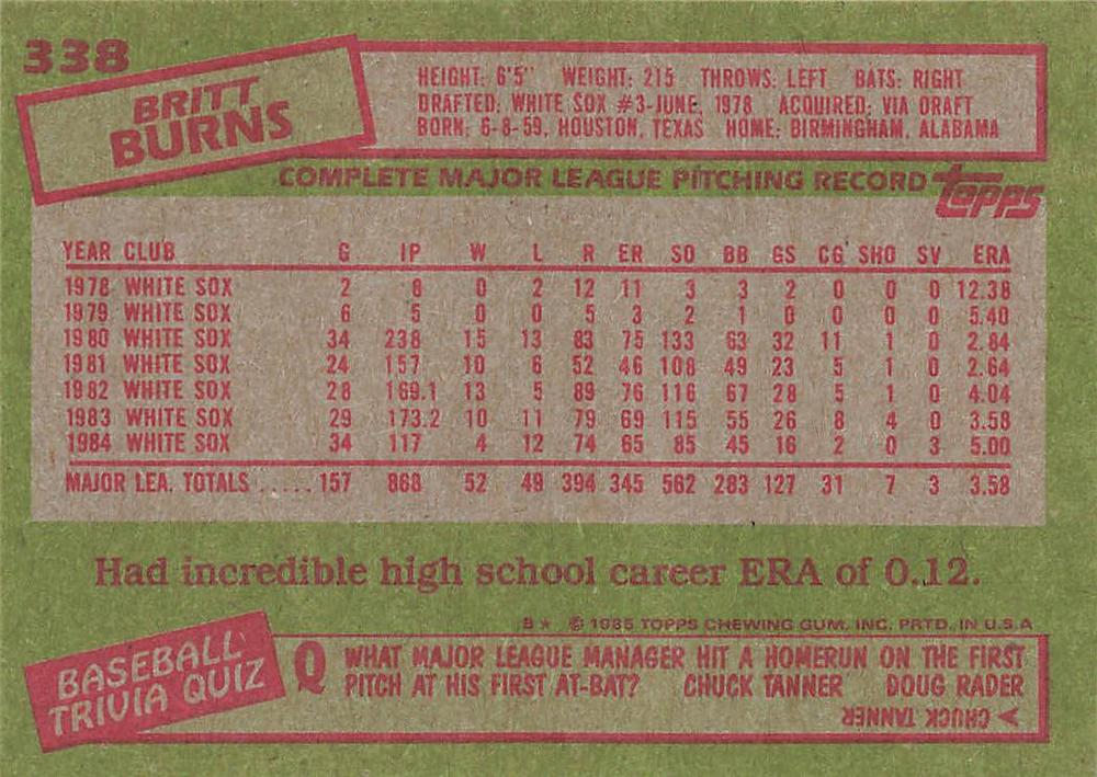 Britt Burns  baseball card collectible - Main Image 2