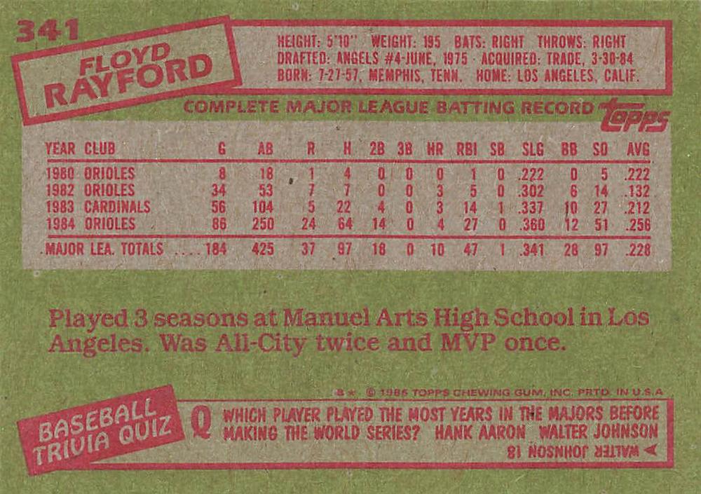 Floyd Rayford  baseball card collectible - Main Image 2