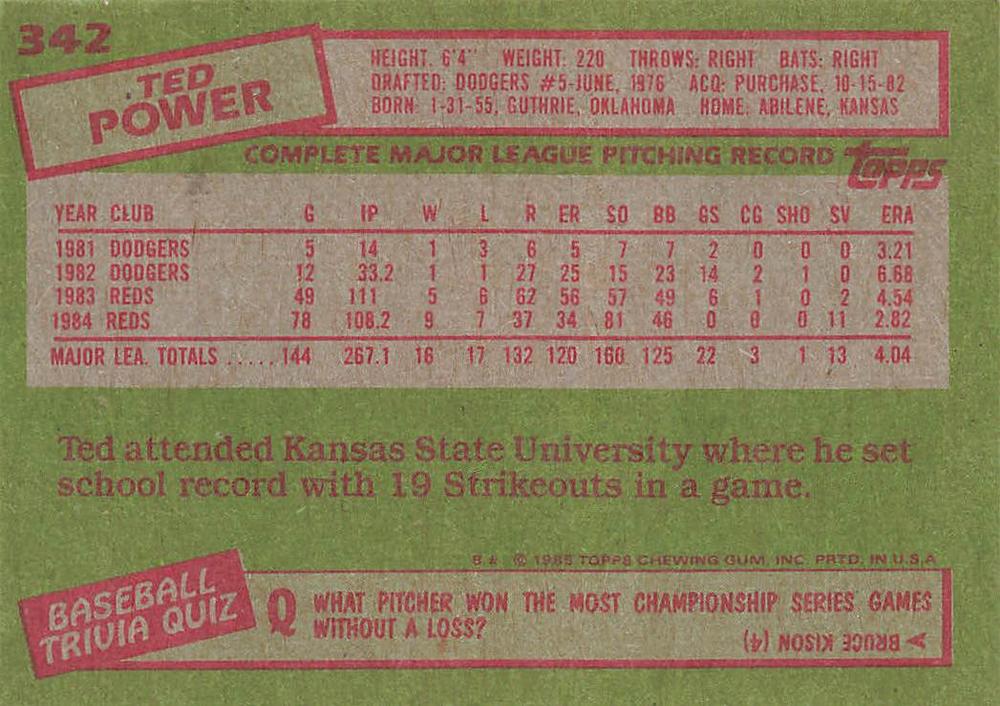 Ted Power  baseball card collectible - Main Image 2