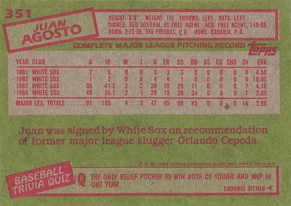 Juan Agosto  baseball card collectible - Main Image 2