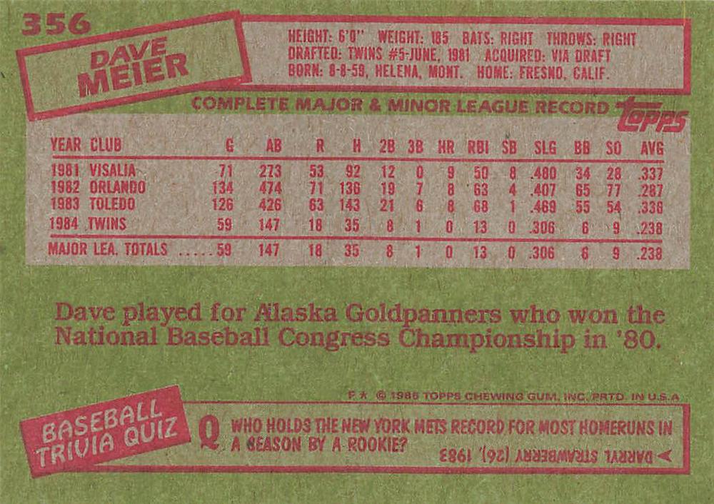 Dave Meier  baseball card collectible - Main Image 2