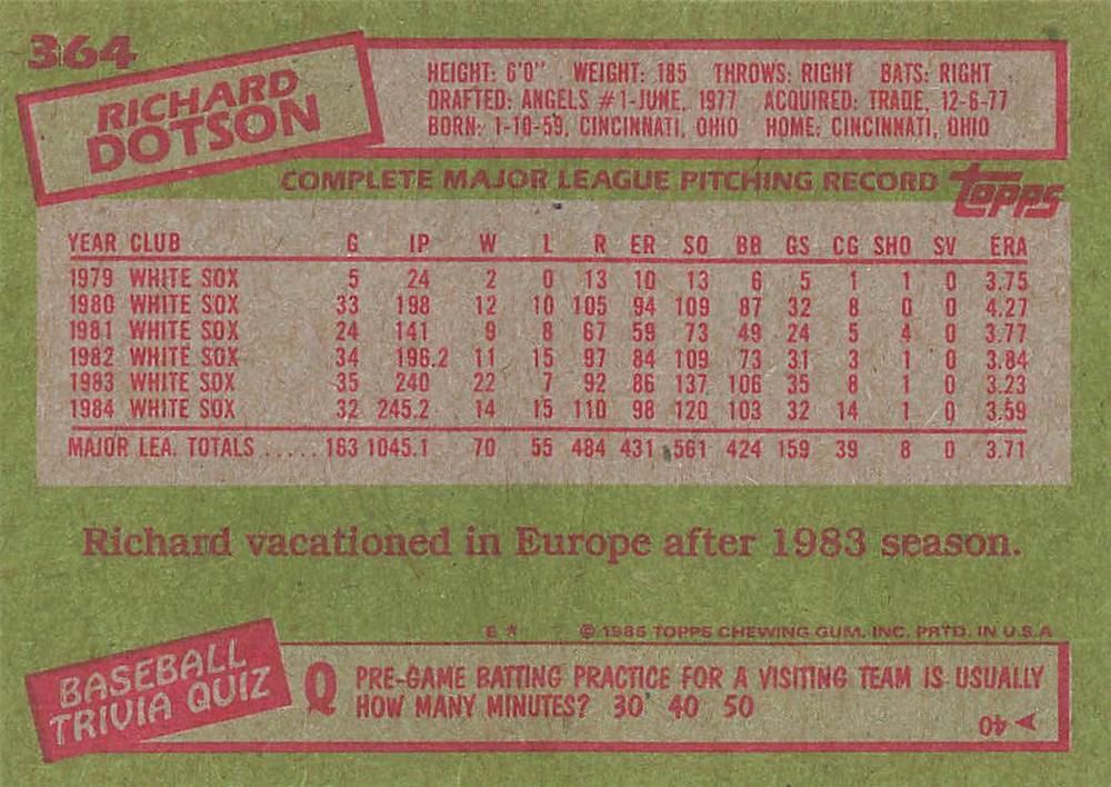 Richard Dotson  baseball card collectible - Main Image 2