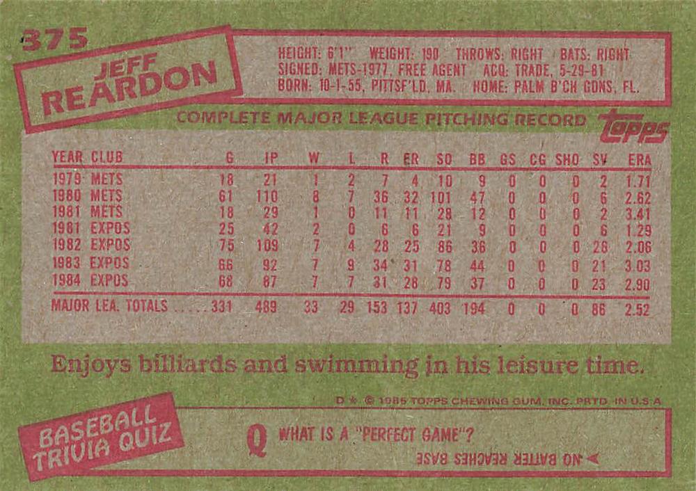Jeff Reardon  baseball card collectible - Main Image 2