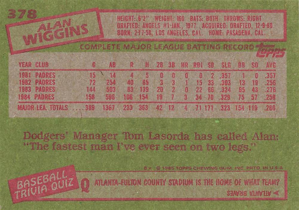 Alan Wiggins  baseball card collectible - Main Image 2