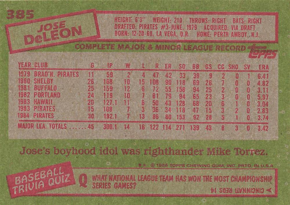 Jose DeLeon  baseball card collectible - Main Image 2