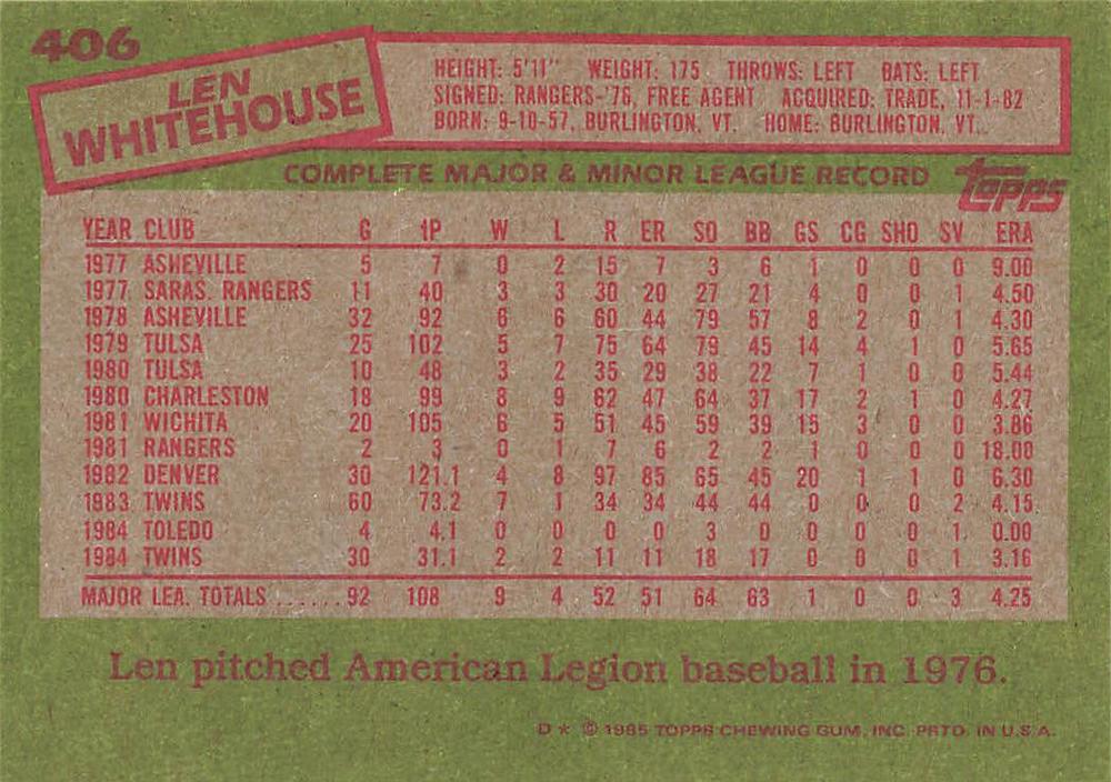 Len Whitehouse  baseball card collectible - Main Image 2