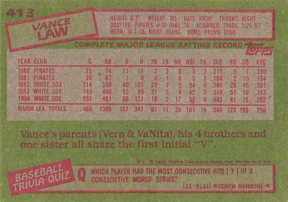 Vance Law  baseball card collectible - Main Image 2