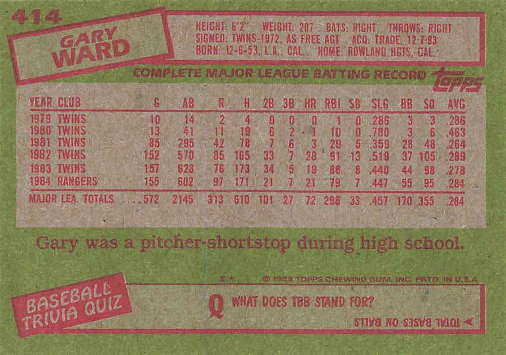 Gary Ward  baseball card collectible - Main Image 2