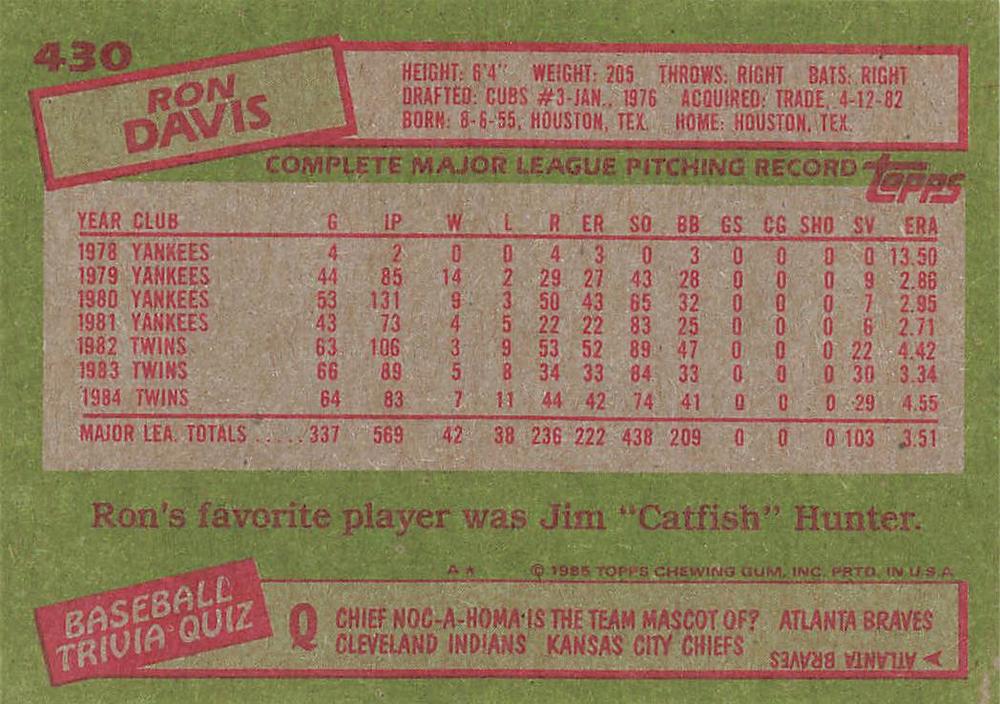 Ron Davis  baseball card collectible - Main Image 2