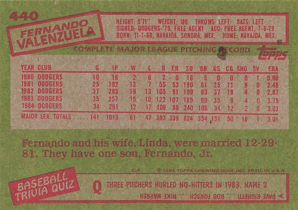 Fernando Valenzuela  baseball card collectible - Main Image 2