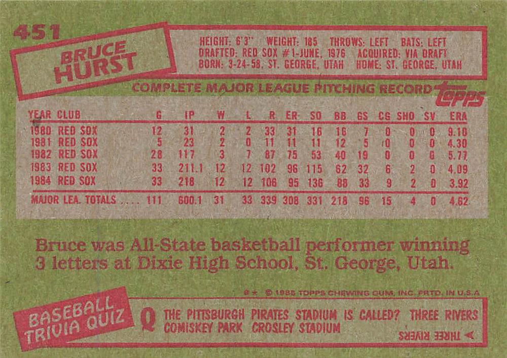 Bruce Hurst  baseball card collectible - Main Image 2