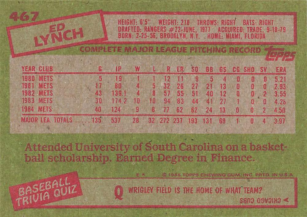 Ed Lynch  baseball card collectible - Main Image 2