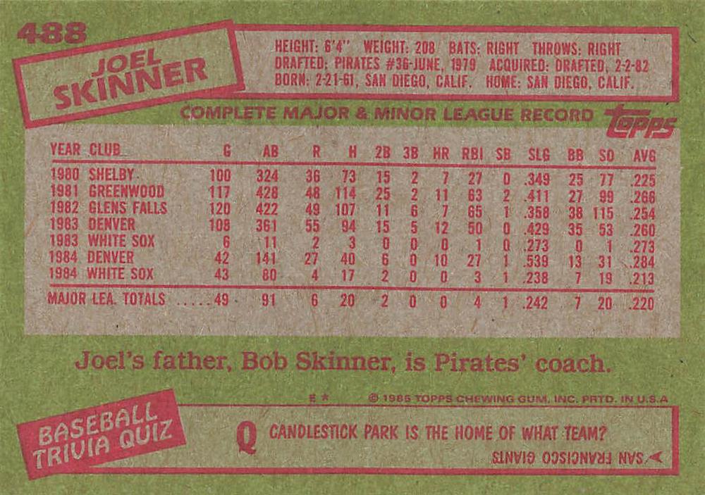 Joel Skinner  baseball card collectible - Main Image 2