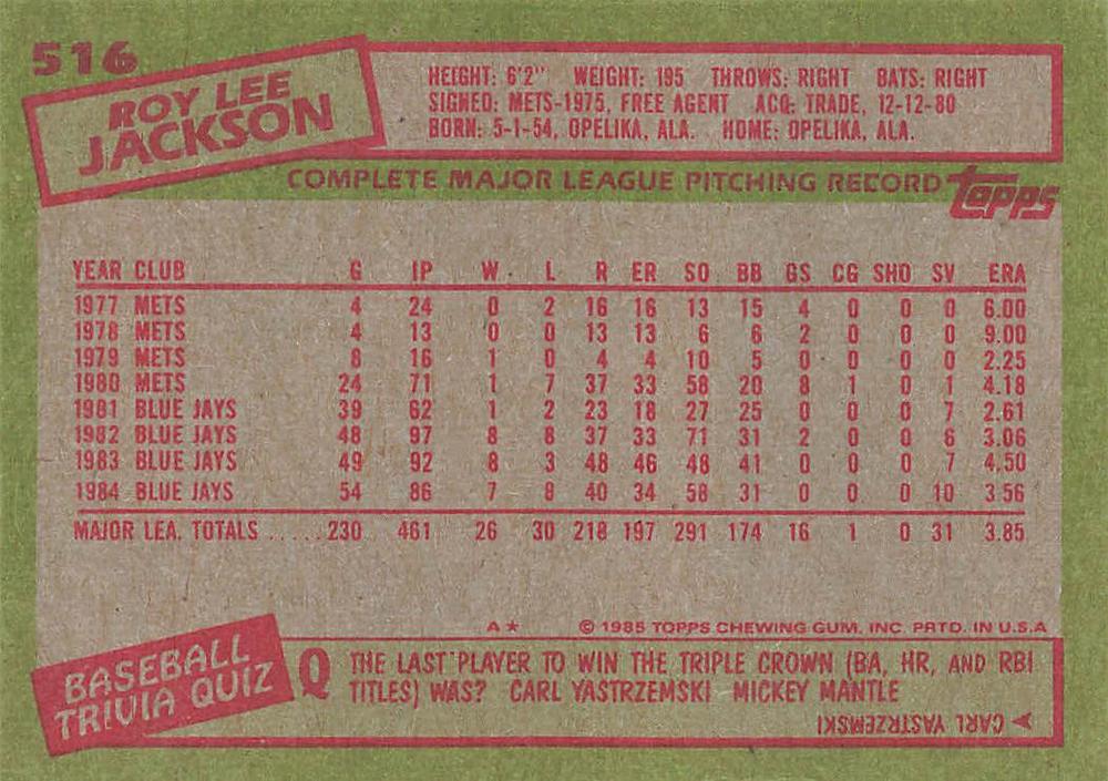 Roy Lee Jackson  baseball card collectible - Main Image 2