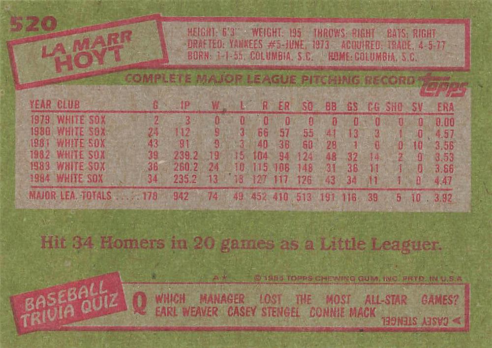 LaMarr Hoyt  baseball card collectible - Main Image 2