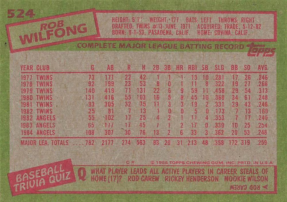 Rob Wilfong  baseball card collectible - Main Image 2